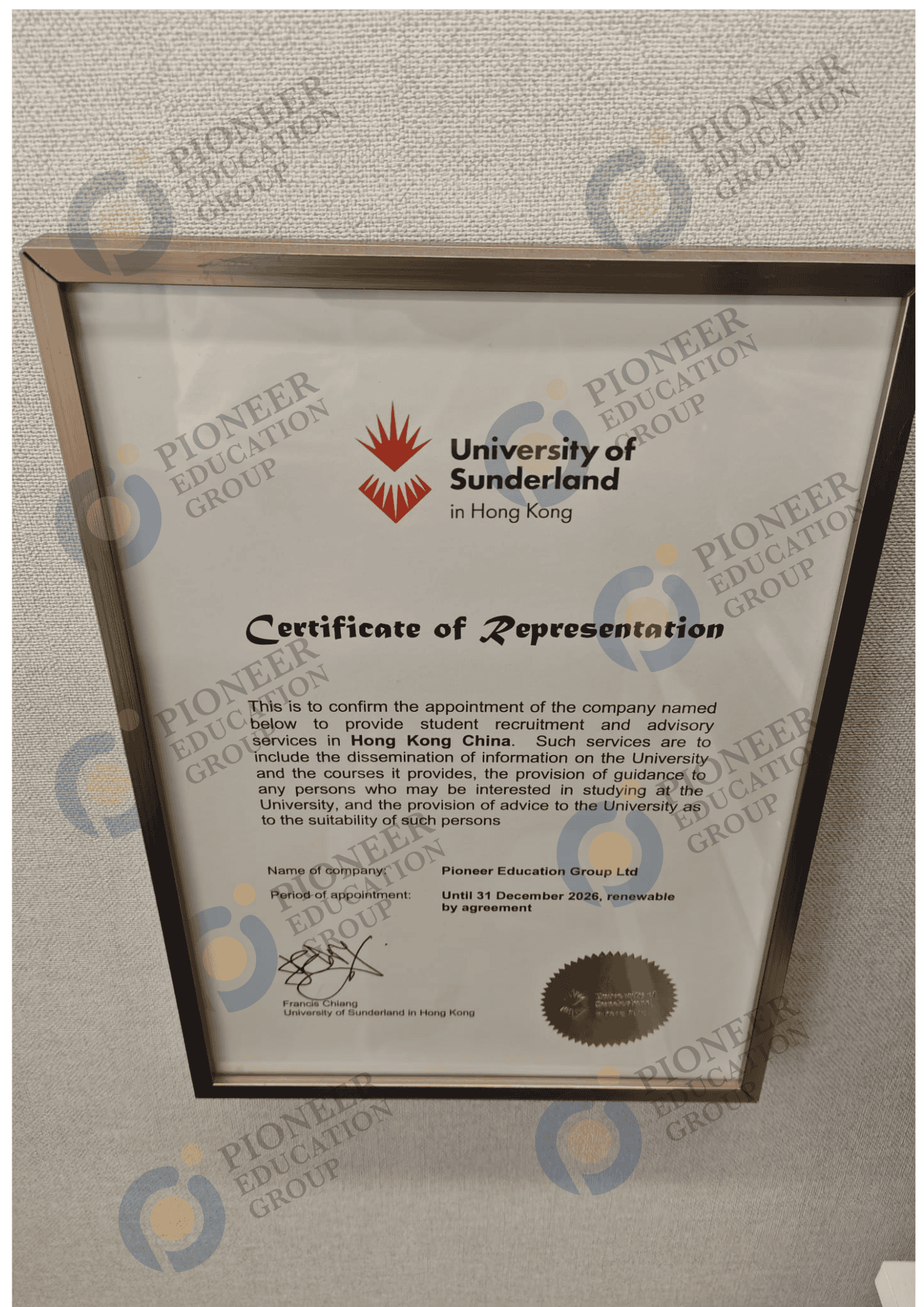 University of Sunderland 官方代表授權證書 (Certificate of Representation) - Pioneer Education Group